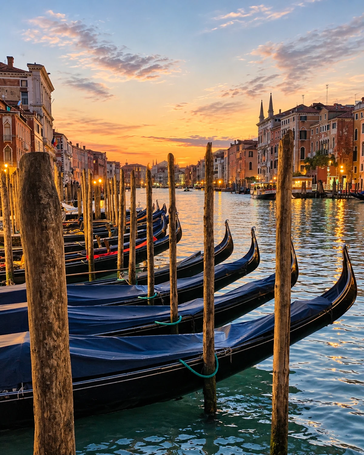 Venezia al tramonto con le gondole ormeggiate, a pochi passi da Domus Venice